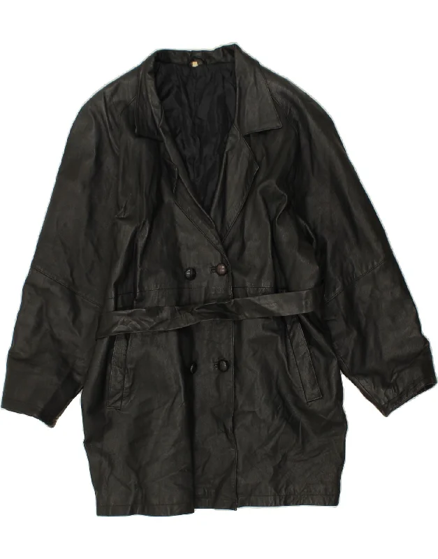 Special Discount VINTAGE Womens Double Breasted Leather Coat UK 16 Large Black Leather
