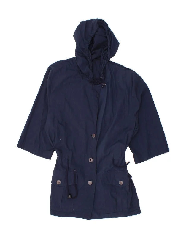 Don't Miss Out VINTAGE Womens Hooded Short Sleeve Overcoat UK 14 Medium Navy Blue Cotton