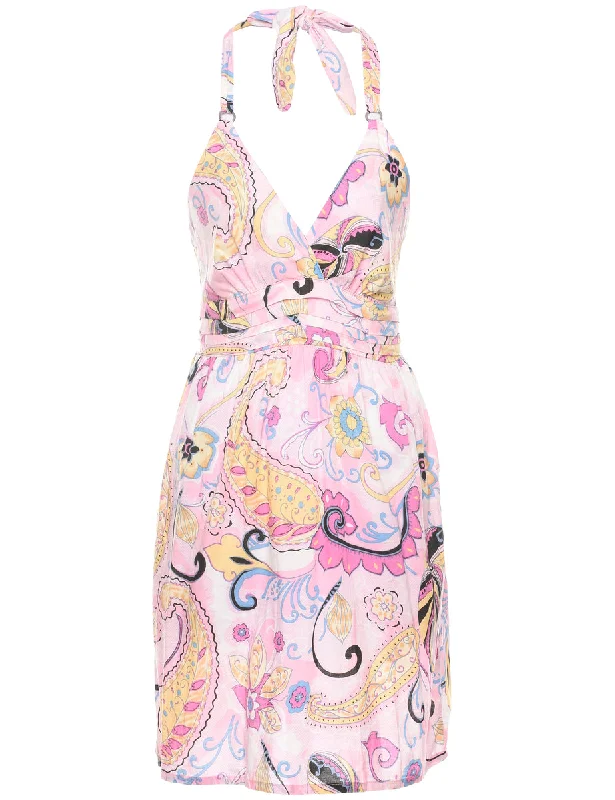Extra Savings Smocked Paisley Pattern Y2K Halter Dress - S