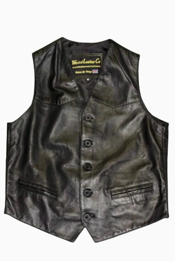 Markdown Sale Mens Smart Casual Waistcoat in Black Leather