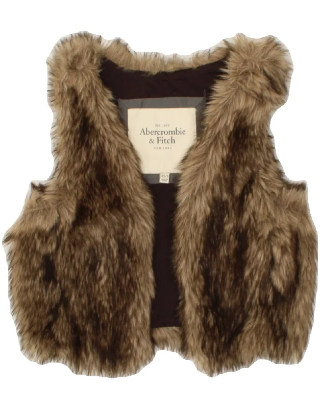 Midnight Madness ABERCROMBIE & FITCH Womens Crop Faux Fur Gilet UK 6 XS Brown Acrylic