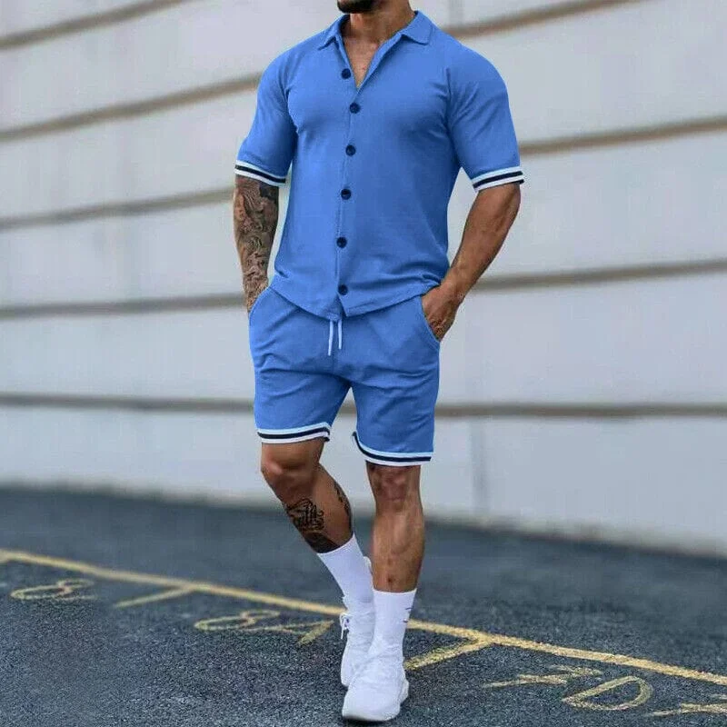 Your Weekend, Your Savings 2-Piece Set: Men's Short Sleeve Plain Stripes Lapel