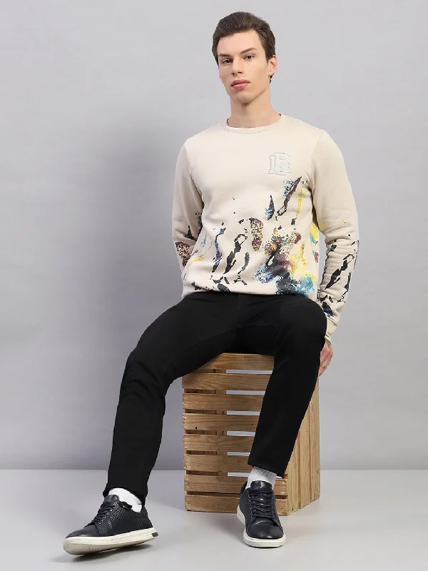 Half Price Men Beige Printed Round Neck Full Sleeve Sweatshirt