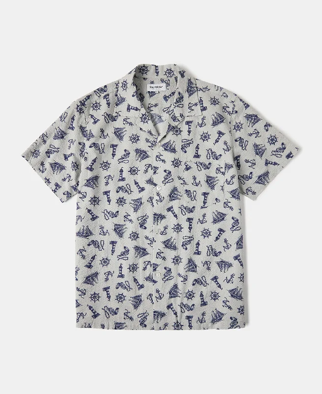 Final Clearance Nautical Printed Seersucker Short Sleeve Camp Shirt - Light Gray