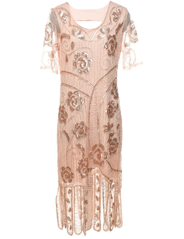 Overstock Sale Sequined Coral Sparkly Evening Dress - L