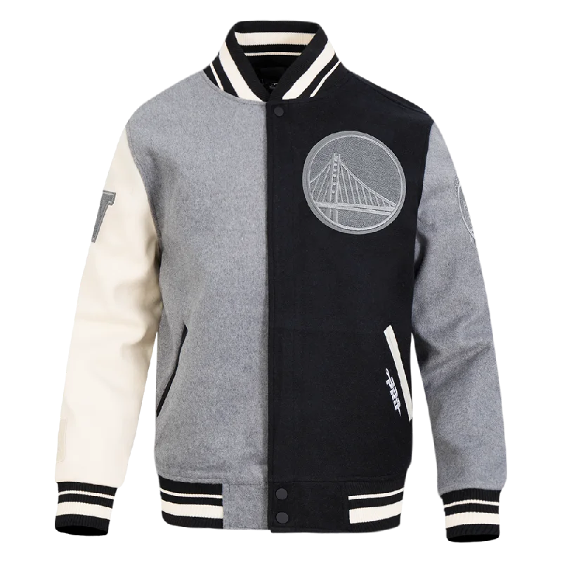 Now Available NBA GOLDEN STATE WARRIORS REVERSE FRENCH TERRY MEN'S CB WOOL VARSITY (BLACK/GRAY/EGGSHELL)