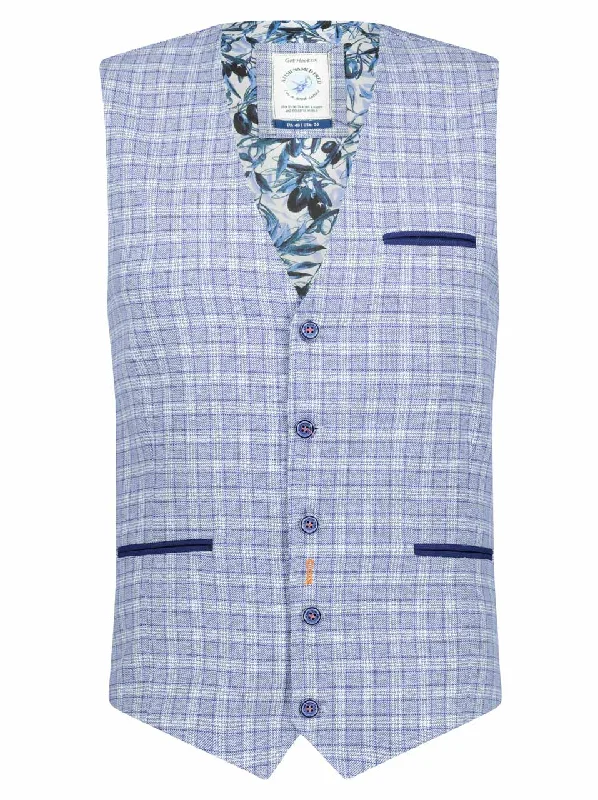 Weekend Deal A Fish Named Fred Linen Waistcoat Blue Check