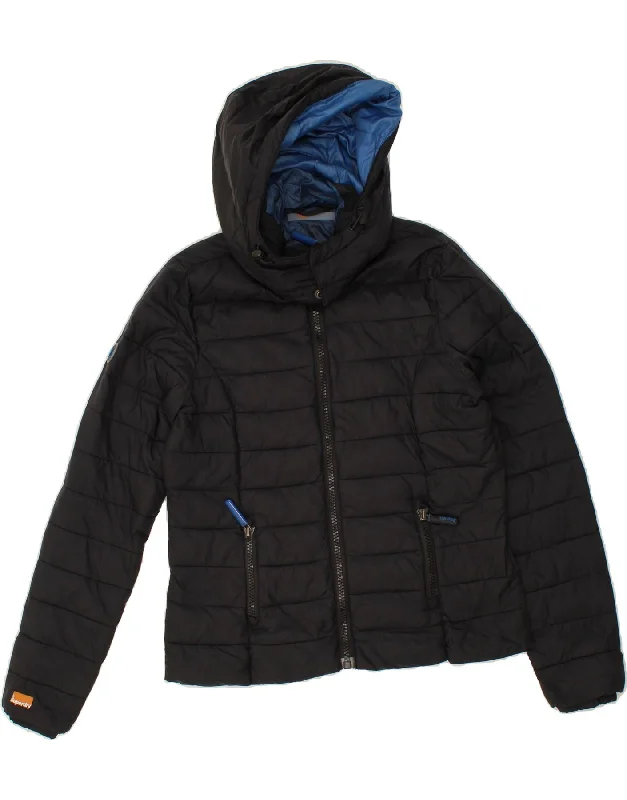 Final Clearance SUPERDRY Womens Hooded Padded Jacket UK 14 Large Black Nylon