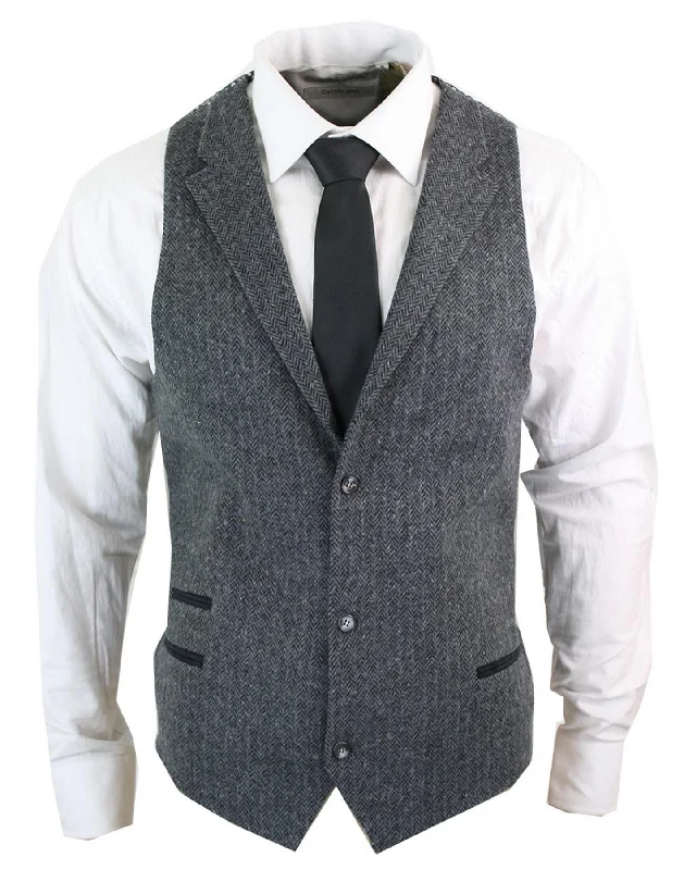 Weekend Savings Spectacle stz11 - Men's Grey Black Blue Waistcoat Tweed Herringbone Wool Blinders