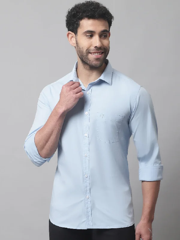 Savings Event Men's Sky Blue Casual Plain Stretch Full Sleeve Shirt