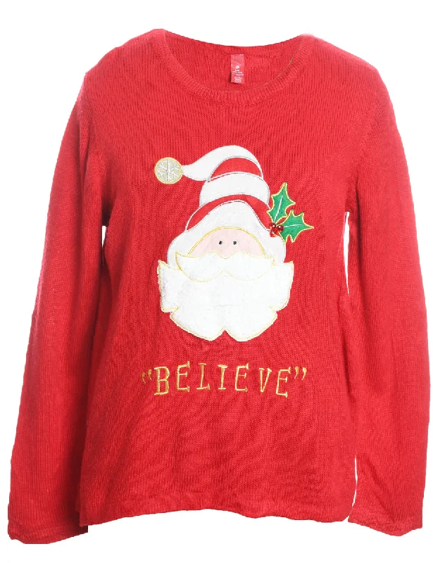 Weekend Deals That Dazzle Santa Claus Design Red Embroidered Christmas Jumper - L