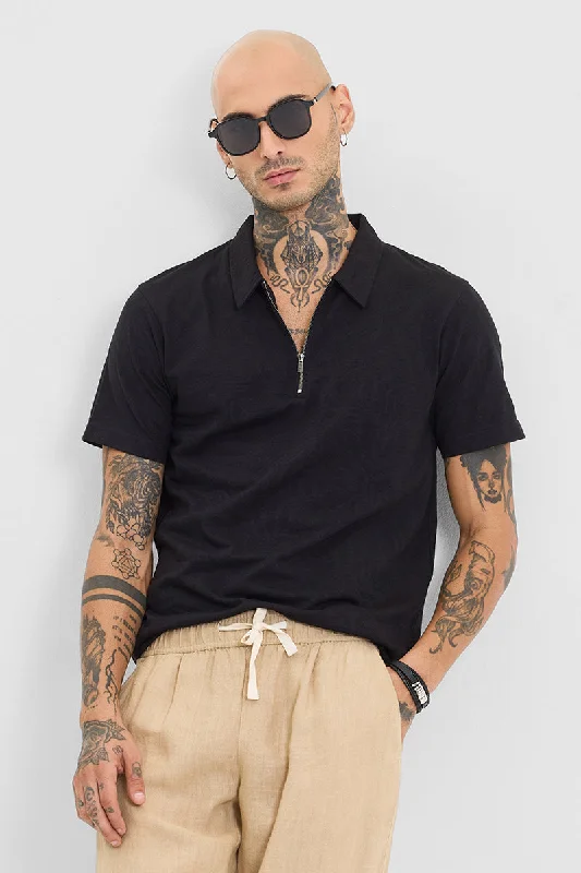 Weekend Offers That Sizzle Black Self-Design Zipper Polo T-Shirt