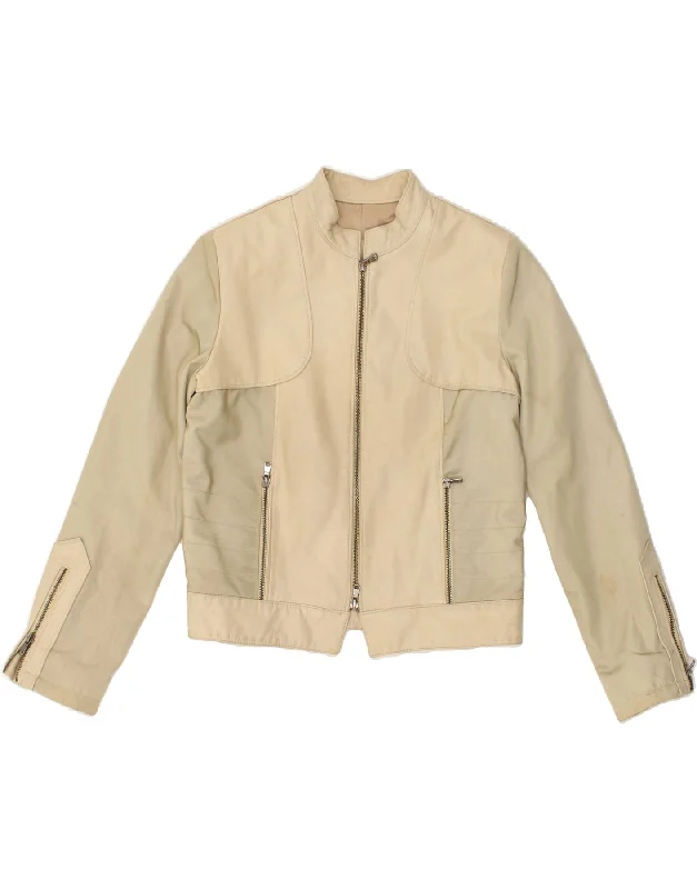 Bonus Offer VINTAGE Womens Bomber Jacket IT 42 Medium Beige Colourblock Leather