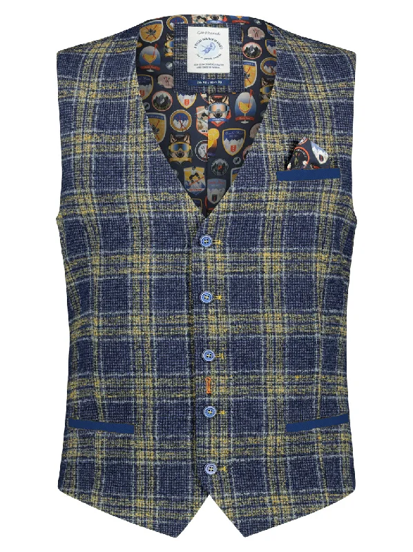 Super Deal A Fish Named Fred Check Waistcoat Yellow/Blue