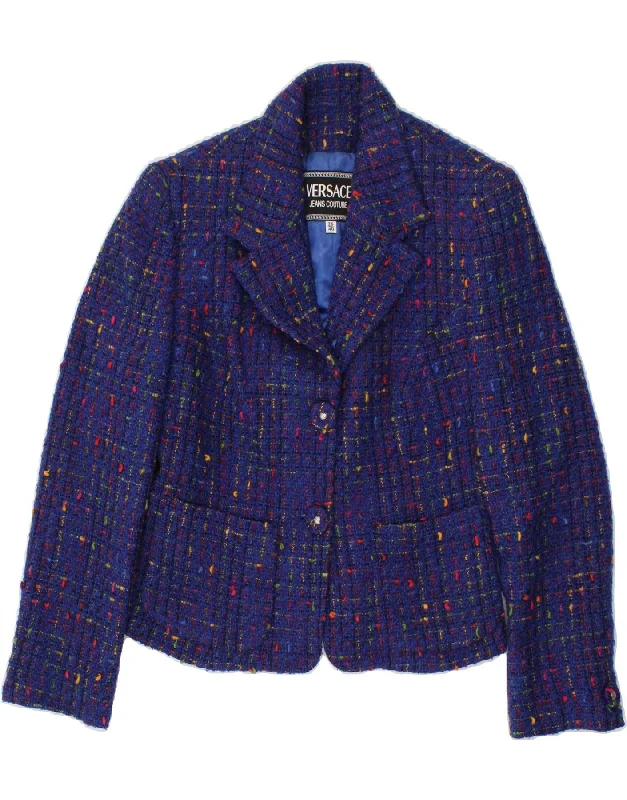 Weekend Bargains to Celebrate VERSACE Womens 2 Button Blazer Jacket EU 40 Medium Blue Check Wool