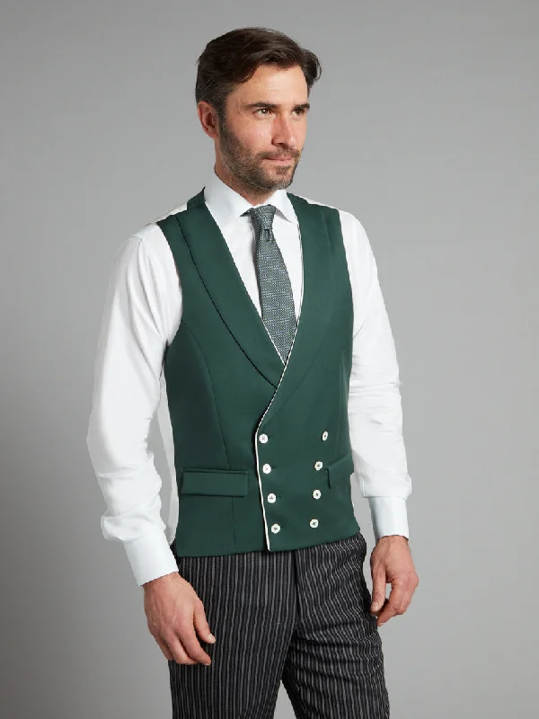 Closeout Deal Double Breasted Wool Waistcoat With Piping - Hunter Green