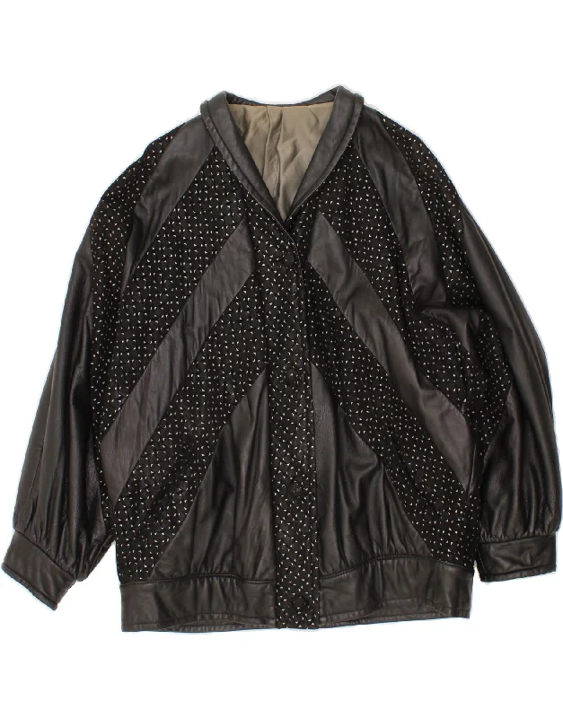 Weekend Savings Bonanza VINTAGE Womens Leather Jacket UK 18 XL Black Geometric