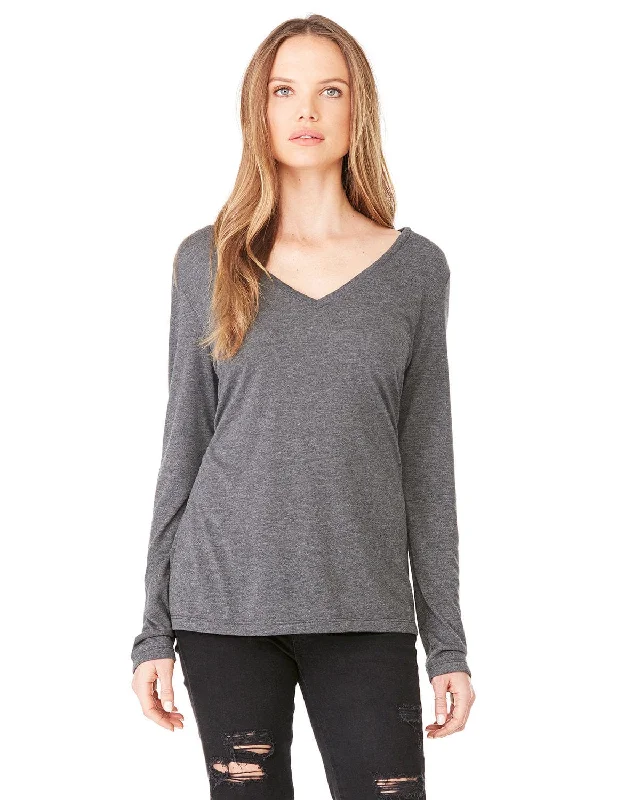 Super Bargain Bella+Canvas Ladies Flowy Long Sleeve V-Neck | Dk Grey Heather
