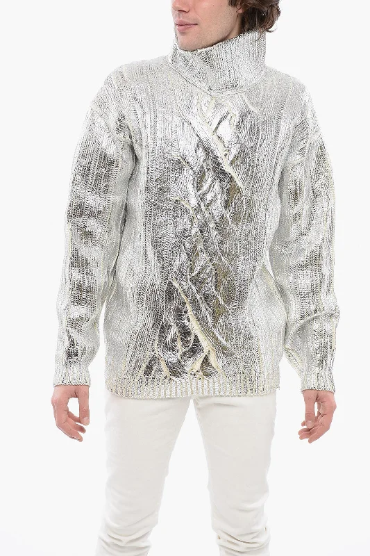 Weekend Specials to Savor Balmain Lamè Coated Wool Blend Pullover With Turtleneck