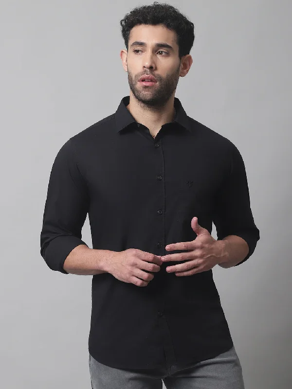 Stock Up Men's Black Casual Plain Stretch Full Sleeve Shirt