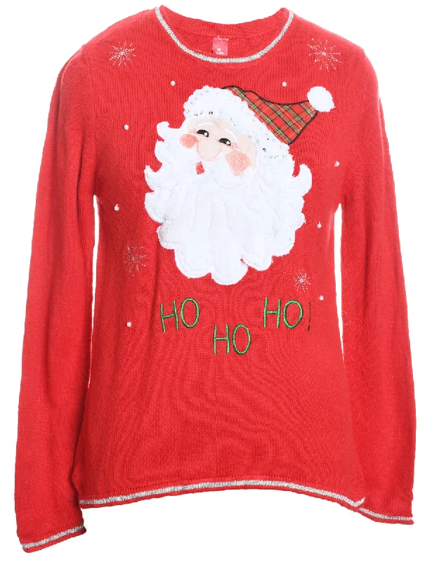 Weekend Offers That Impress Santa Claus Design Red Embroidered Christmas Jumper - M
