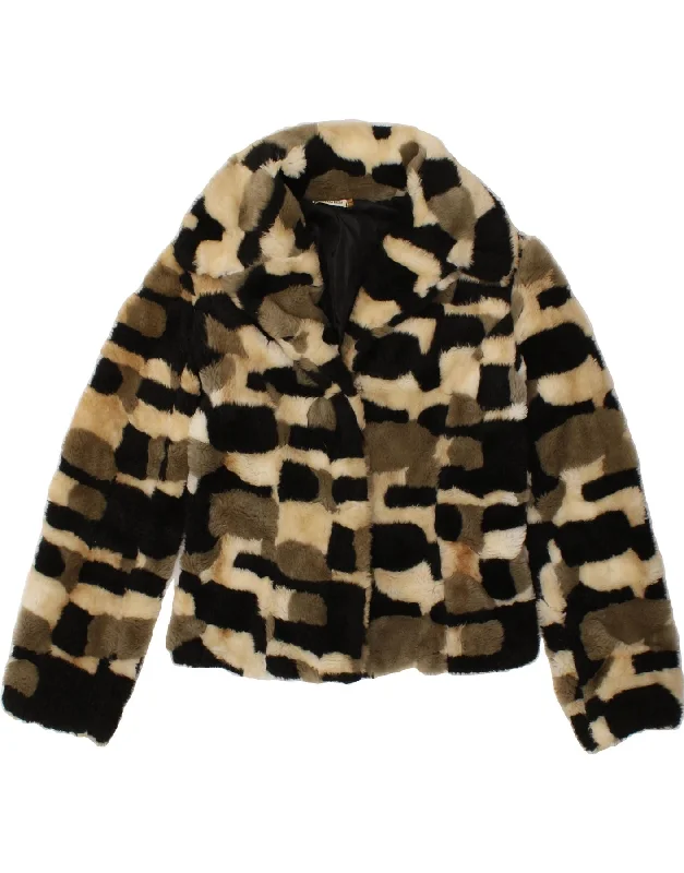 Massive Deal VINTAGE Womens Faux Fur Jacket UK 12 Medium Beige Patchwork Acrylic