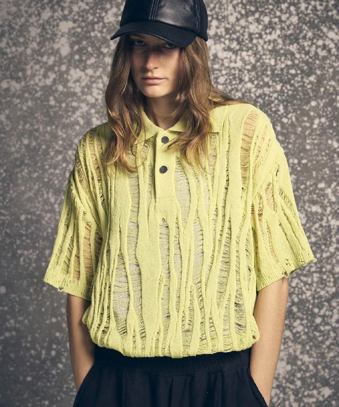 Weekend Bargains to Love Destroy Mesh Prime-Over Short Sleeve Knit Polo Shirt