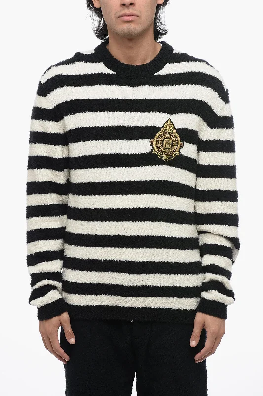 Weekend Discounts to Snag Balmain Striped Crewneck Sweater With Embroidered Logo