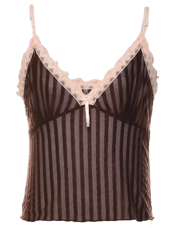 Weekend Extravaganza: Shop Now Sheer Striped Pattern Dark Brown Strappy Camisole - M