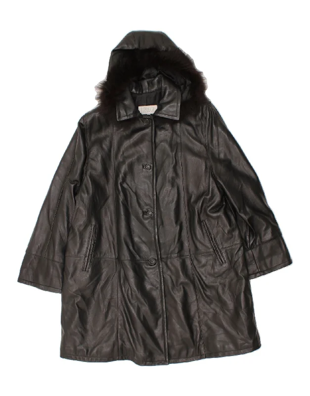 Early Bird VINTAGE Womens Hooded Leather Coat IT 42 Medium Black Leather