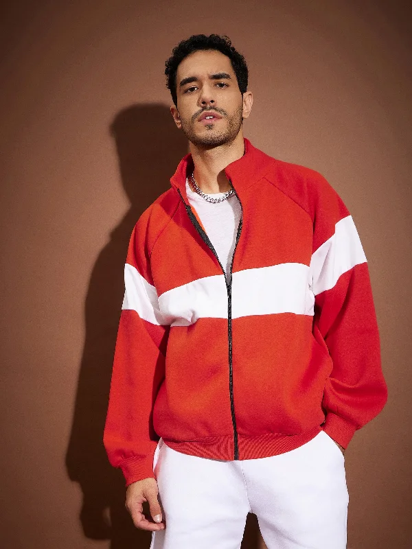 Reduced Rates Men Red & White Colorblock Oversized Zipper Sweatshirt