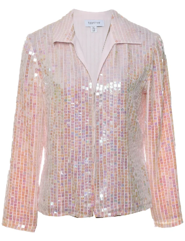 Act Fast Sequined Pale Pink & Lilac 1990s Zip-Front Evening Jacket - L