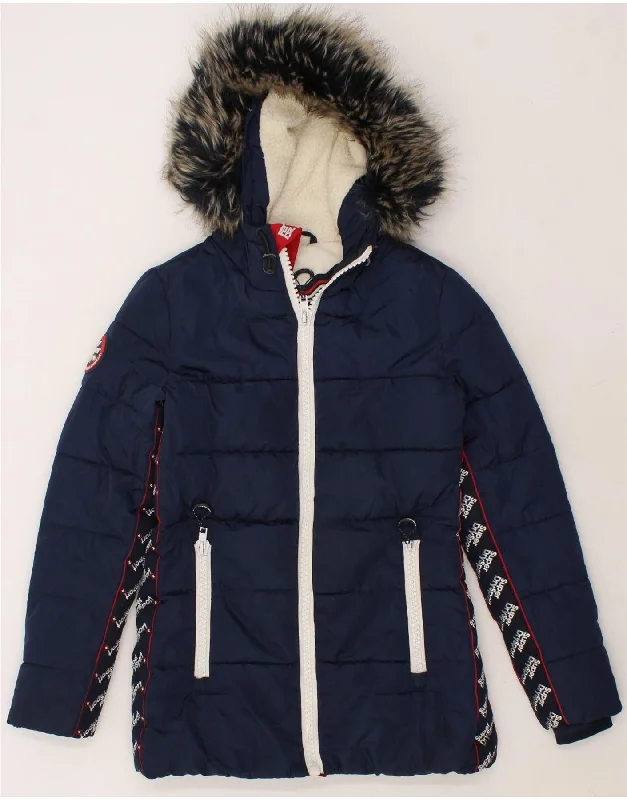 Exclusive Offer SUPERDRY Womens Graphic Hooded Padded Jacket UK 10 Small Navy Blue