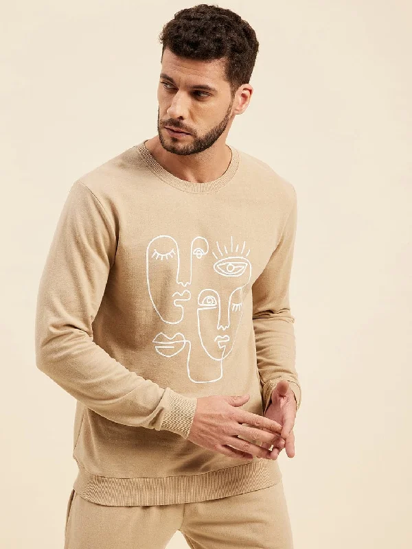 Don't Delay Men Beige Line Printed Sweatshirt