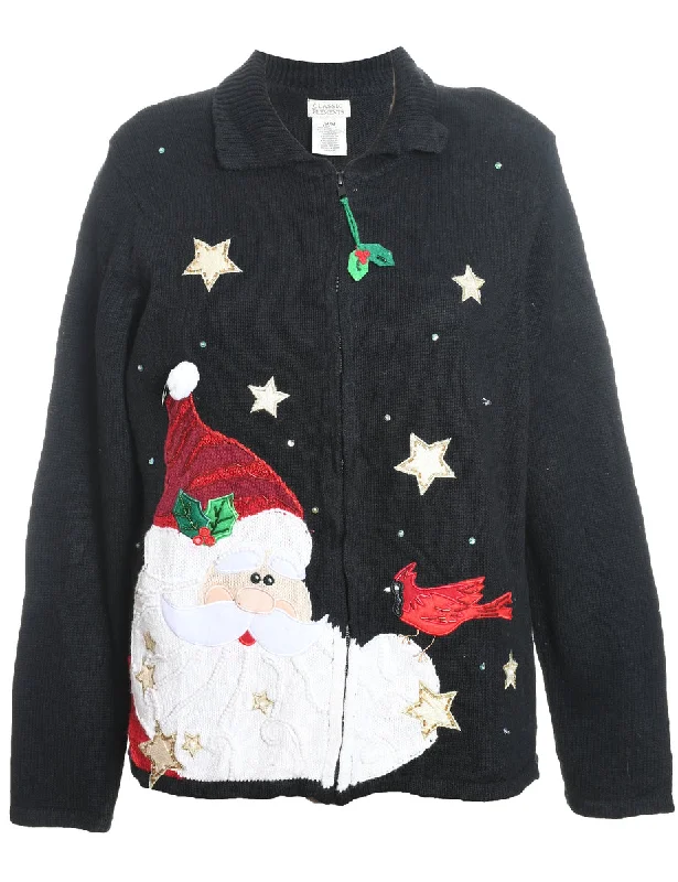 Weekend Bargains to Love Santa Claus Design Black Embroidered Christmas Cardigan - M