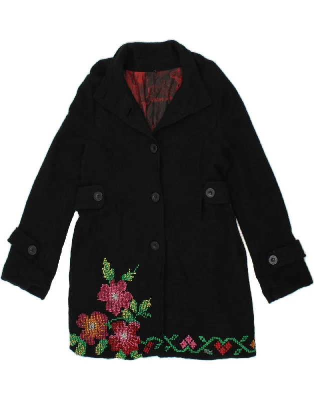 Weekend Savings Fiesta DESIGUAL Womens Overcoat EU 42 Large Black Floral Wool
