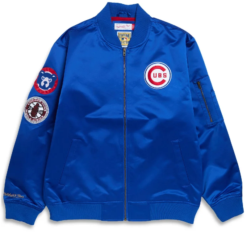 Hurry In Mitchell & Ness x MLB Cubs Vintage Logo Satin Bomber Jacket - Royal