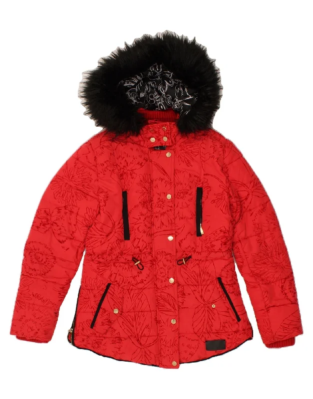 Top Pick DESIGUAL Womens Hooded Padded Jacket EU 38 Medium Red Floral Polyester