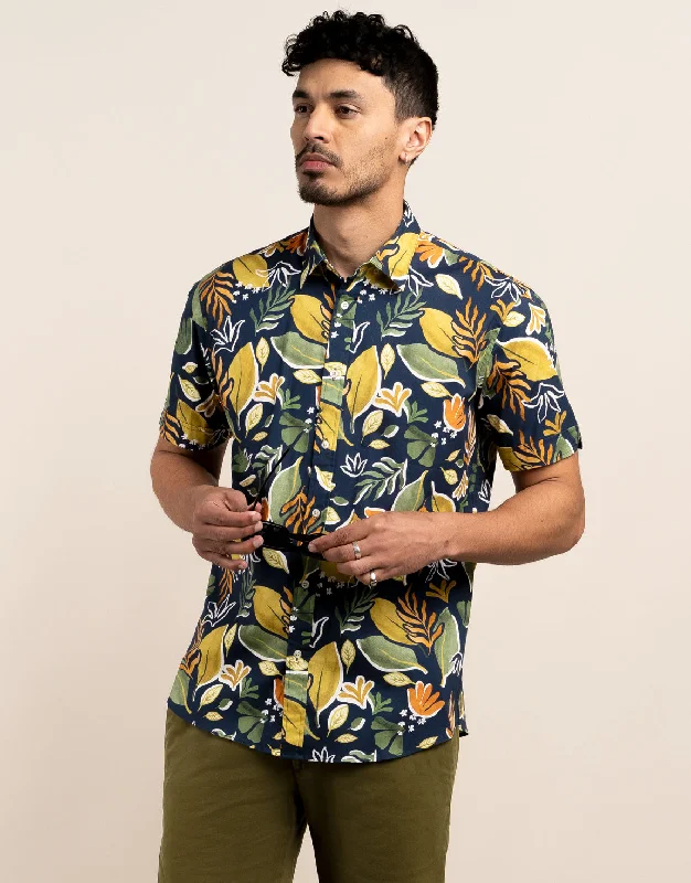 Half Price Waihi Navy Large Painted Leaf Print Short Sleeve Shirt