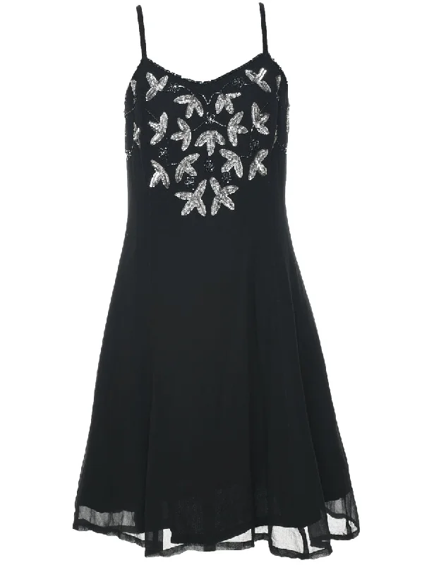 Limited Offer Silk Black & Silver Sequined Evening Dress - M