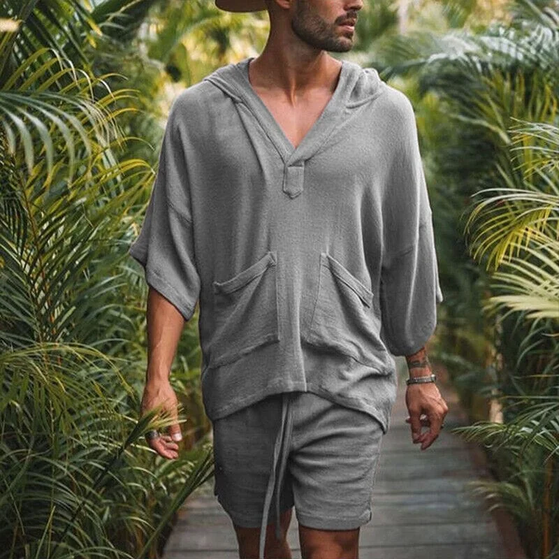 Weekend Wonders Await! 2-Piece Set: Men's Tracksuit Tennis Shirt Shorts and T Shirt Set Set Solid Color V Neck