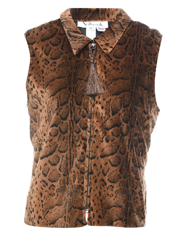 Crazy Deal 1990s Brown & Black Animal Print Zip-Front Waistcoat  - M