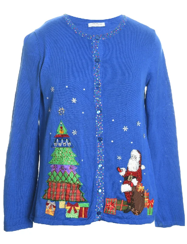 Weekend Offers That Delight Santa Claus Design Blue Sparkly Christmas Cardigan - M