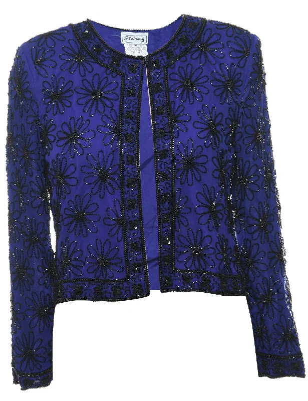 Lowest Rates Silk Blue & Black Floral Beaded Evening Jacket - S