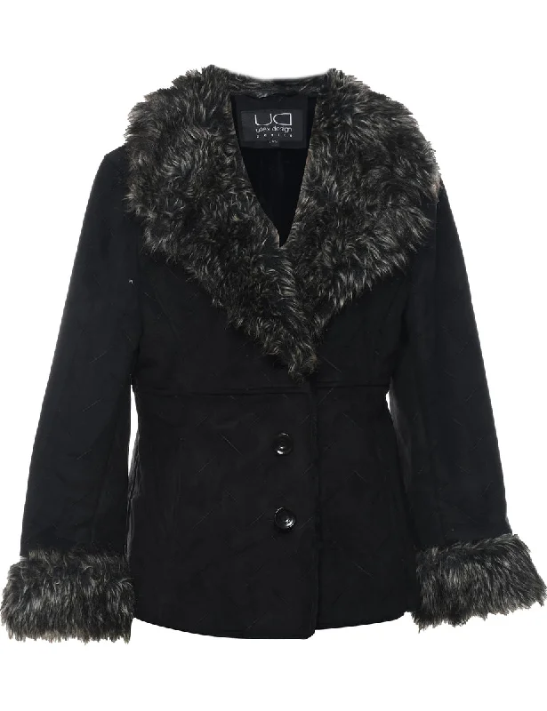 Stock Clearance Single Breasted Black Faux Shearling Lined Afghan Jacket - L