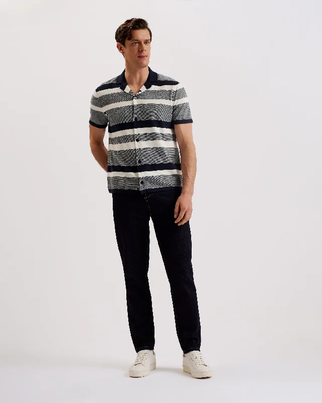 Weekend Savings Spectacular Ako Striped Knit Cotton Cashmere Shirt Navy