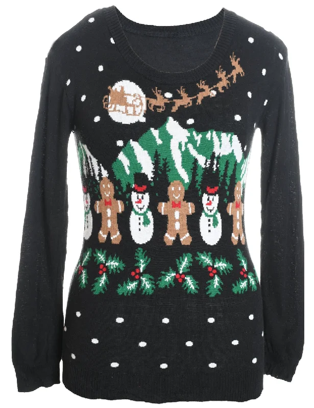 Weekend Wonders Await! Snowman & Gingerbread Design Knit Christmas Jumper - S