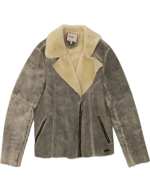 Special Price PEPE JEANS Womens Sherpa Jacket UK 10 Small Grey Polyester