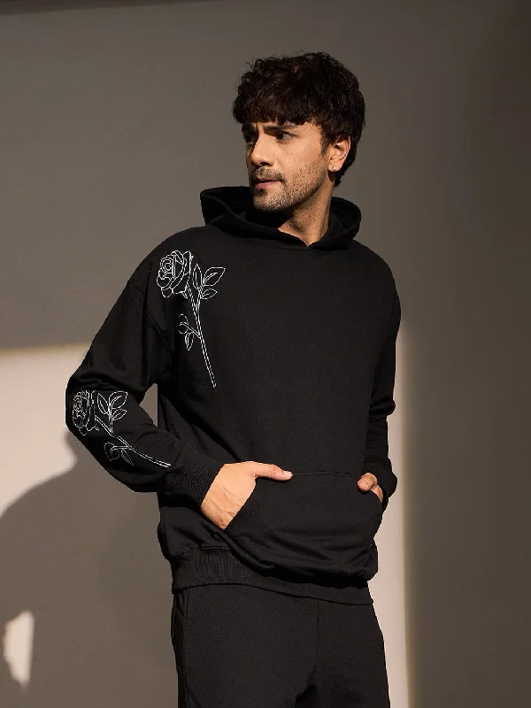 Huge Savings Black Rose Embroidered Oversized Hoodie