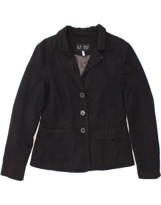 Weekend Bargains to Sizzle ARMANI JEANS Womens 3 Button Blazer Jacket EU 42 Medium Black Polyamide Weekend Bargains to Sizzle ARMANI JEANS Womens 3 Button Blazer Jacket EU 42 Medium Black Polyamide